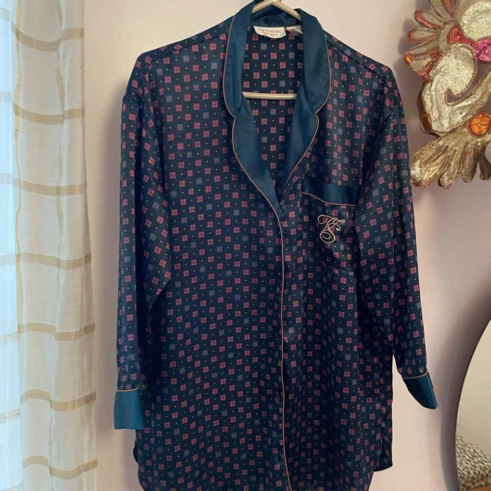 Victoria's Secret Gold Label Navy and Green Patterned Nightshirt/Gown M